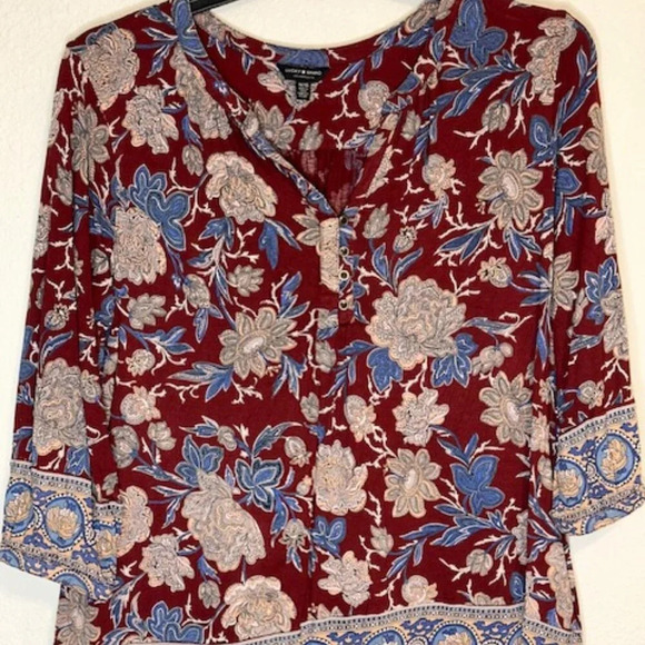 Lucky Brand Rust Blue Floral High Low Hem Henley - Picture 1 of 4